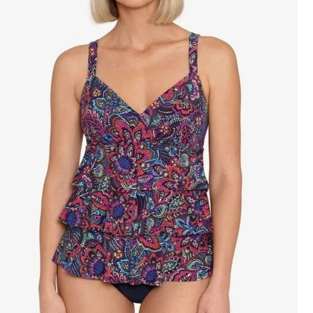 Swim Solution Navy Multi Printed Tummy Control One-Piece Tiered Swimsuit Size 10